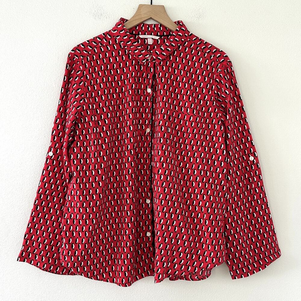 VICTORIA'S SECRET 100% Cotton Pajama Top Penguin Sleep Shirt Button up Red XL